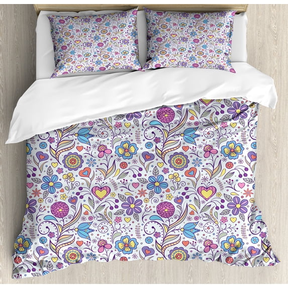 Pastel Duvet Cover Set, Peonies Daisies Tulips Colorful Doodle Style Botanical Garden with Heart Shapes, Decorative 3 Piece Bedding Set with 2 Pillow Shams, Queen Size, Multicolor, by Ambesonne