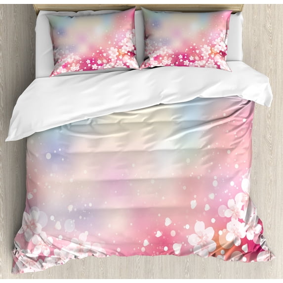 Pastel Duvet Cover Set Queen Size, Japanese Nature Sakura Tree Cherry Blossoms Romantic Hazy Dreamy Cheerful, Decorative 3 Piece Bedding Set with 2 Pillow Shams, Pale Pink Pale Blue, by Ambesonne