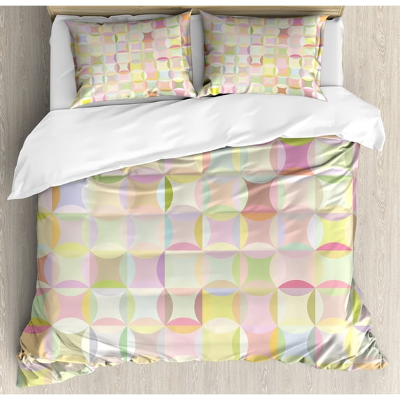 Pastel Duvet Cover Set Queen Size, Retro Pattern with Polka Dots Overlapping Ring Shapes Squares Colorful Funky Print, Decorative 3 Piece Bedding Set with 2 Pillow Shams, Multicolor, by Ambesonne