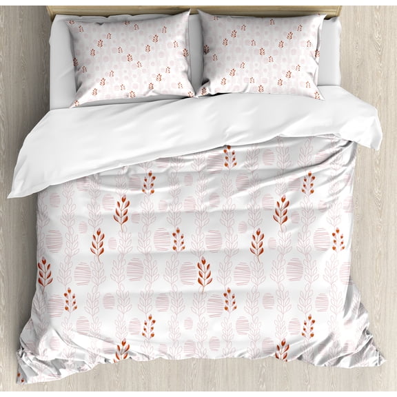 Pastel Duvet Cover Set, Soft Colored Pattern of Modern Design Hatches and Botanical Leaves Art, Decorative 3 Piece Bedding Set with 2 Pillow Shams, Queen Size, Blush Rust and White, by Ambesonne