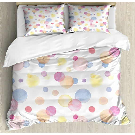 Pastel Duvet Cover Set, Watercolor Texture Liquid Paint Drops Dots Aquarelle Art Style Romantic Colorful, Decorative 3 Piece Bedding Set with 2 Pillow Shams, King Size, Multicolor, by Ambesonne