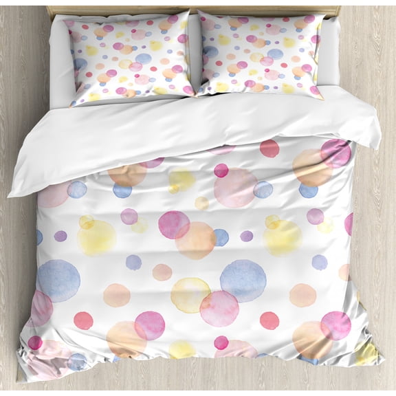 Pastel Duvet Cover Set, Watercolor Texture Liquid Paint Drops Dots Aquarelle Art Style Romantic Colorful, Decorative 3 Piece Bedding Set with 2 Pillow Shams, King Size, Multicolor, by Ambesonne