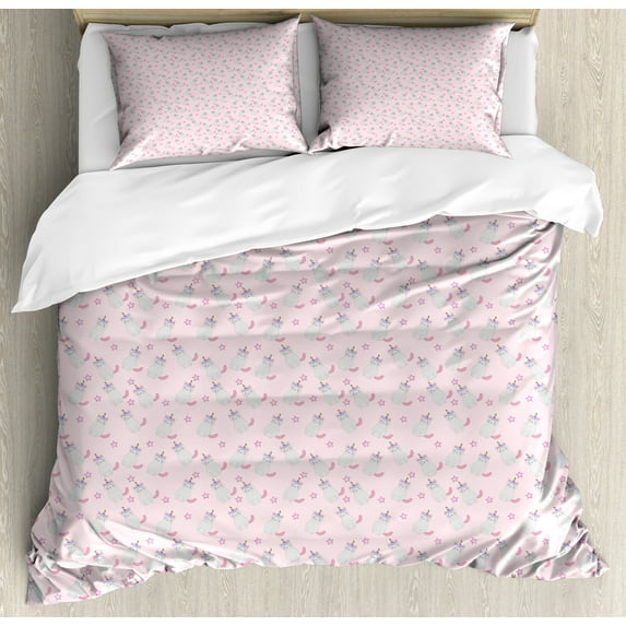 Pastel Duvet Cover Sets, Happy Unicorn Cats Pattern Caticorns Funny Themed Imagination Cartoon, Bedding Set with 2 Duvet Covers & 4 Pillowcases, 2 Pack Queen Size, Rose Multicolor, by Ambesonne