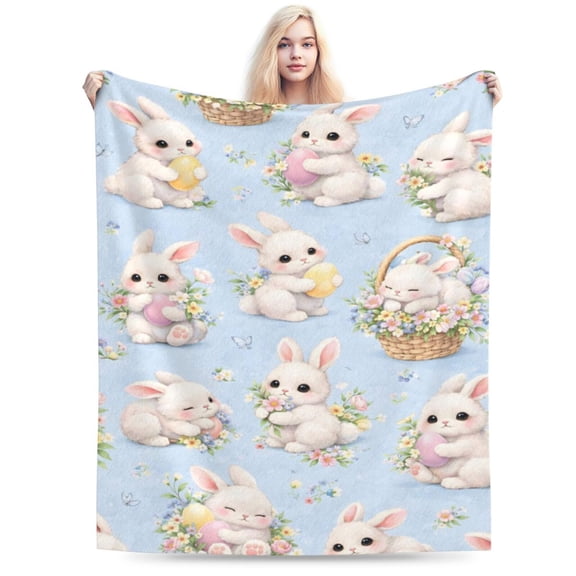Pastel Easter Bunny Blanket for Couch Bed Soft Cozy Floral Rabbit Egg Design Spring Home Decor Easter Holiday Gift 60x50