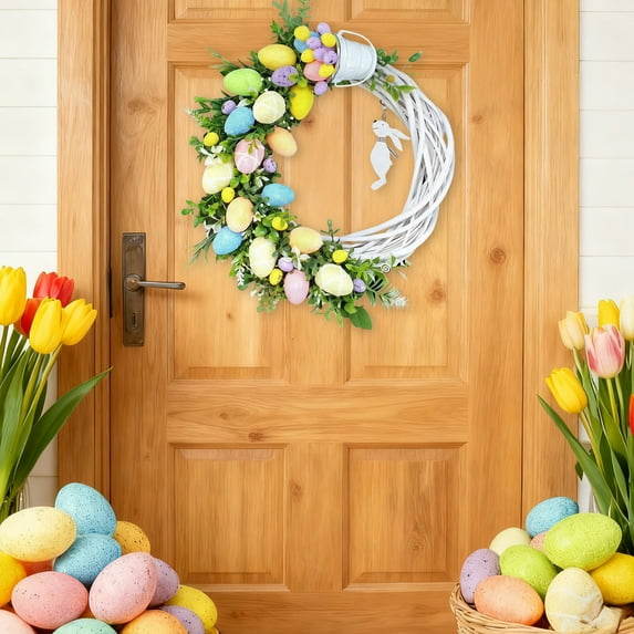 Pastel Easter Bunny Wreath Door Hanging Sign with Floral Garland and Eggs for Spring Holiday Front Porch Decor, 1 Count