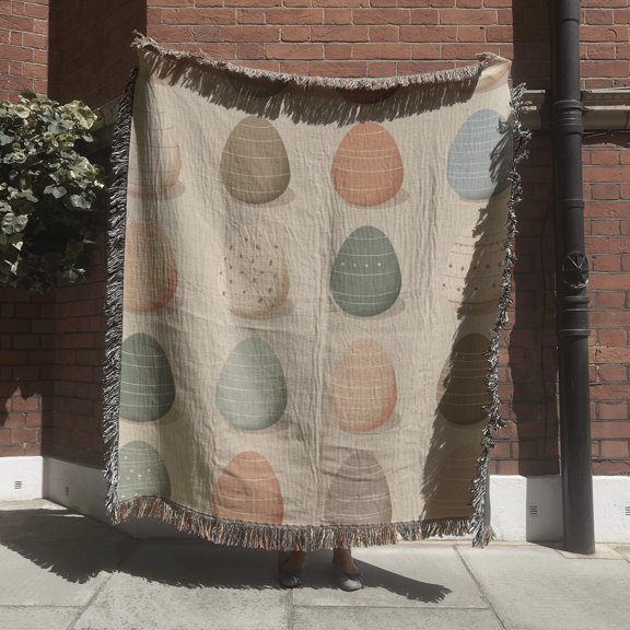 Pastel Easter Egg Grid Cream Woven Blanket, 100% Cotton, Retro Spring Home Accent
