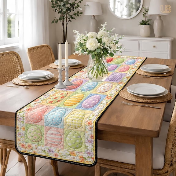 Pastel Easter Egg Grid Quilted Table Runner, Colorful Plaid Table Decor, Geometric Spring Patchwork Quilt, Festive Easter Dining Room Runner