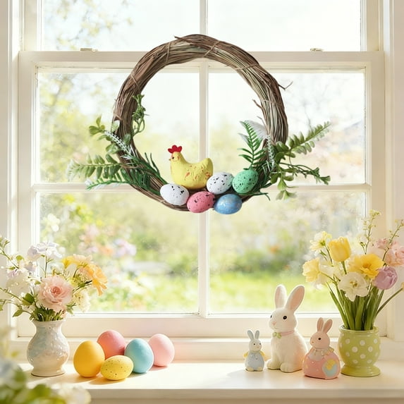 Pastel Easter Egg Wreath with Butterflies - Rattan Spring Easter Decor for Door Wall, Holiday Party Decoration (25cm)