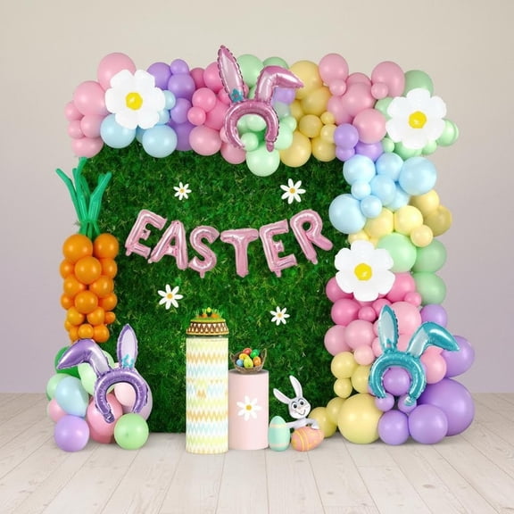 Pastel Easter balloon garland kit with Easter egg chicken daisy bunny head hoop pink letter foil balloons for spring resurrection day party decorations