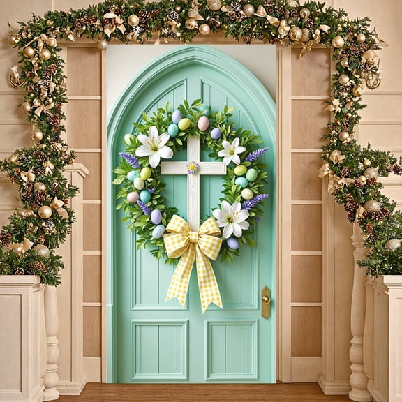 Pastel Eggs Easter Door Cover White Cross Christian Cross Display White Lilies Purple Lavender Easter Egg Backdrop for Easter Celebration Front Door Decoration Home Decor