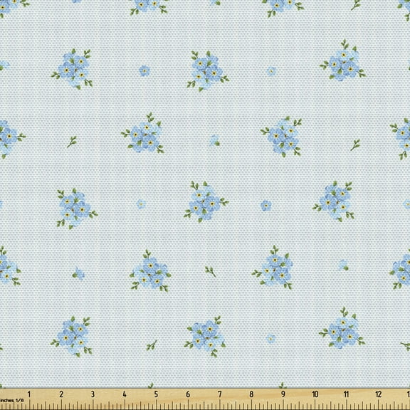 Ambesonne Pastel Fabric by the Yard Upholstery, Forget Me Not Flowers Retro, 2 Yards, Pale Blue and Green