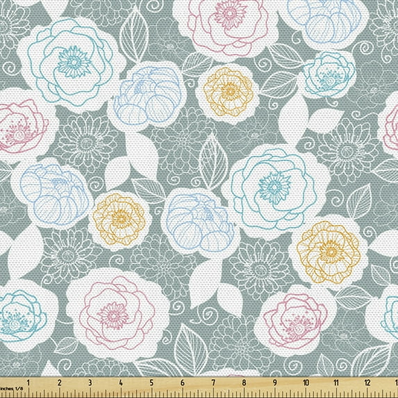 Ambesonne Pastel Fabric by the Yard Upholstery, Ornate Spring Yard Theme, 5 Yards, Multicolor