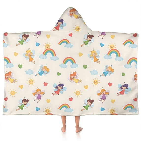 Pastel Fairy Rainbow Pattern Hooded Bath Towel,50"x30" for Ages 3 To 12 Kids, Quick Dry Lightweight Soft Microfiber Hood Beach Towel Cover Up for Kids