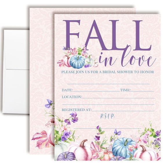 Pastel Fall Pumpkin Bridal Shower Invitations, 20 Fill-In Cards with Envelopes, 5x7 Wedding Shower Invitations for Bride, Bridal Party Supplies and Decorations, Made in USA by Amanda Creation