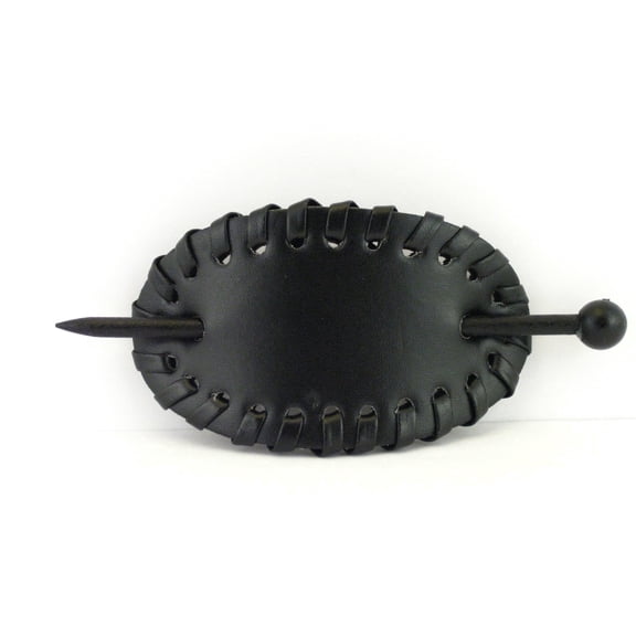 Pastel Faux Leather with Wooden Slide Stick Oval Hair Pin Barrette (Black)