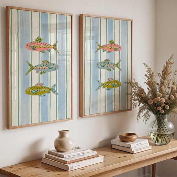 Pastel Fish Wall Print, Trendy Nautical Coastal Art, Instant Set 2 Unframed Paper Print 16x24
