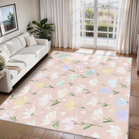 Pastel Floral Area Rugs, Pink Coquette Flower Carpet, Washable Non Slip ...
