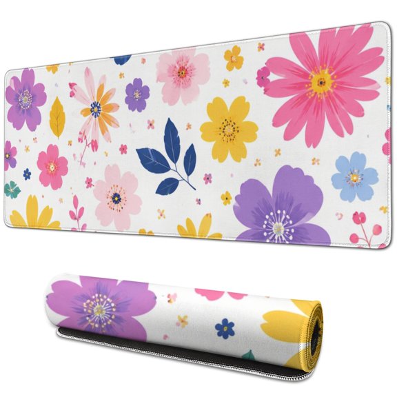Pastel Floral Art Print Large Mouse Pad, Keyboard & Mouse Desk Mat for Home Office, Laptop Work, Gaming & Desktop Decor, 31.5 x 11.8 in