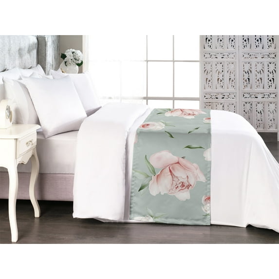 Pastel Floral Bed Runner, Peony Blooms with Leaves in Soft Colors Vintage Romantic Flowers, Decorative Accent Bedding Scarf for Hotels Homes & Guest Rooms, Queen, Pale Sage Green Rose, by Ambesonne
