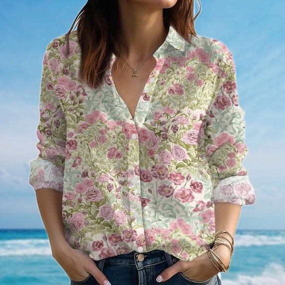 Pastel Floral Blouse Women's Casual Shirt, Rose Garden Blouse, Vintage Flower Button Shirt, Romantic Summer Top, Cottagecore Gift For Her