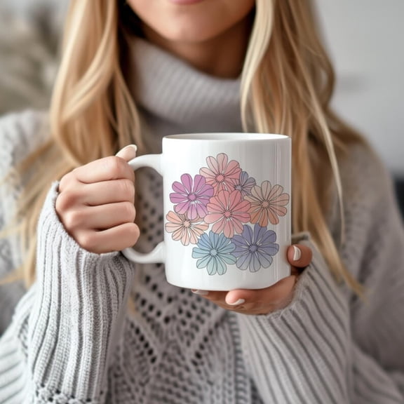 Pastel Floral Coffee Mug Boho Daisy Design, Spring Wildflower Art