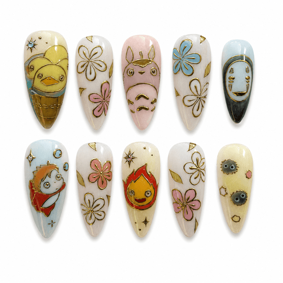Pastel Floral Fish Press on Nails, Medium Almond Glossy Fake Nails with Gold Star Accent, 30 Count