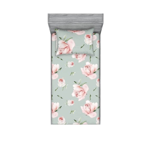 Pastel Floral Fitted Sheet & Pillow Sham Set, Peony Blooms with Leaves in Soft Colors Vintage Romantic Flowers, Decorative Printed 2 Piece Bedding Decor, Twin, Pale Sage Green Rose, by Ambesonne