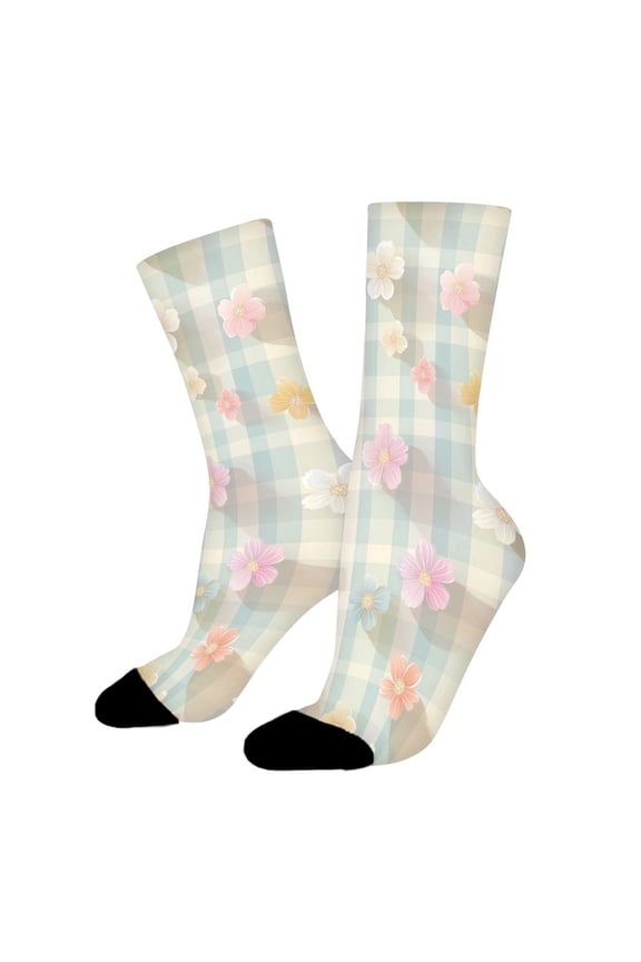 Pastel Floral Gingham Funny Novelty Crew Socks for Women Men Sports