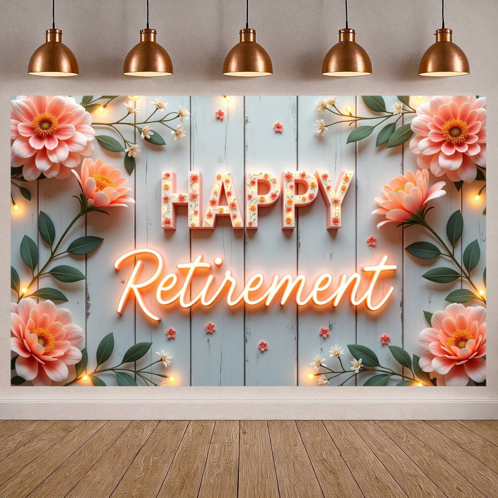 Pastel Floral Happy Retirement Banner Rustic Wooden Backdrop 3D Letter ...