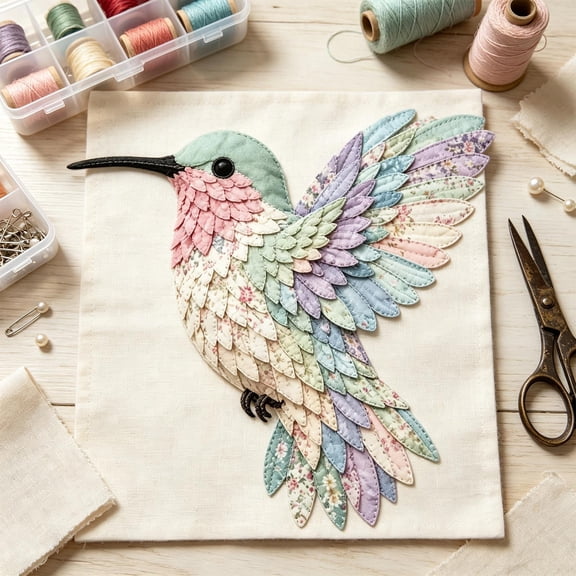 Pastel Floral Hummingbird Patchwork Applique Starter Kit, DIY Fabric Quilt Wall Art Making Set, Complete Sewing Materials & Instruction, Creative Craft Gift for Sewing Enthusiasts