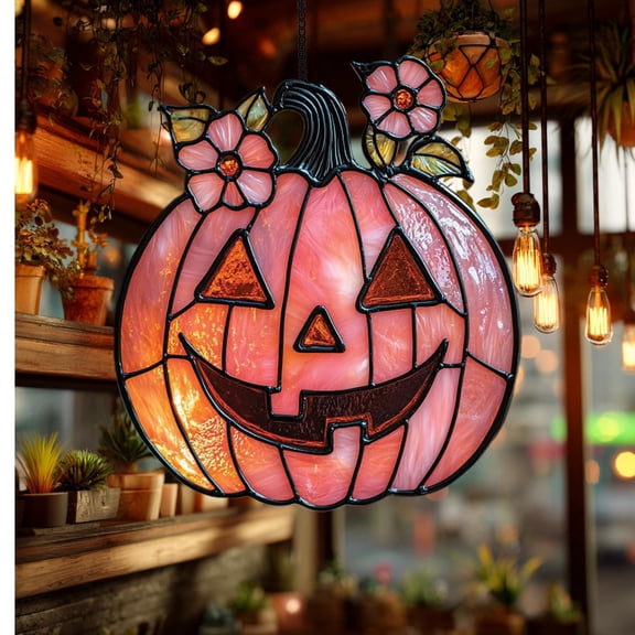 Pastel Floral Jack O'Lantern Acrylic Window Hanging Faux Stained Glass Suncatcher, Cute Pink Pumpkin Halloween Ornament Gift For Kawaii Home
