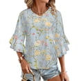 thumbnail image 1 of Pastel Floral Light Blue Background Women's V-Neck Blouse With 3/4 Ruffled Bell Sleeves Casual Top Ladies Blouses, 1 of 7