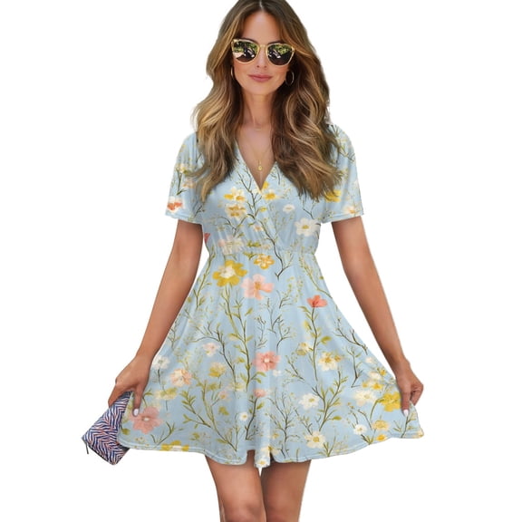 Pastel Floral Light Blue Pattern Women Dress V-Neck Short Sleeve Flowy Swing Party Midi Dress