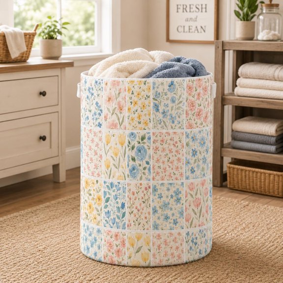 Pastel Floral Patchwork Quilted Laundry Basket, Personalized Nursery Storage Bin, Baby Shower Gift, Fabric Hamper, Laundry Bag