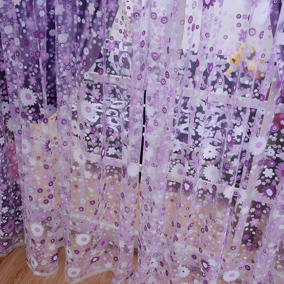 Pastel Floral Print White Voile Sheer Curtains - Light Filtering Rod Pocket Drapes, Breathable White Sheer Divider for Living Room Bedroom, Aesthetic Floral White Window Treatments, 39*79in, Purple