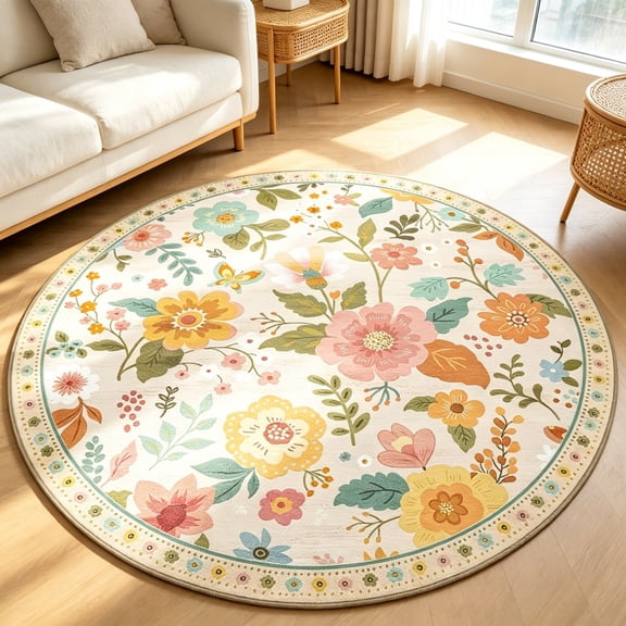 Pastel Floral Round Area Rug, Soft Flannel Floor Carpet with Non- Backing, Home Decor Indoor Mats