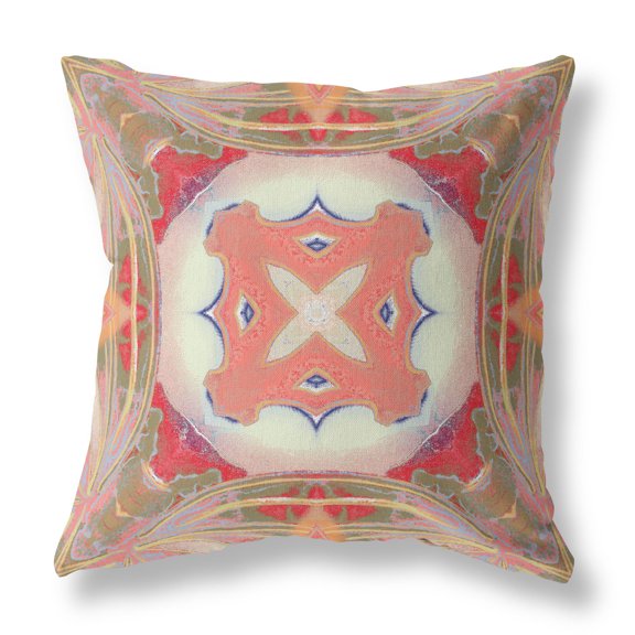 Amrita Sen Pastel Floral Squares Suede Blown and Closed Pillow Muted Green Pink Peach Red