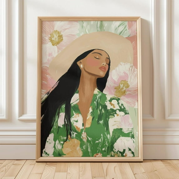 Pastel Floral Wall Art, Elegant Woman With Hat, Modern Feminine Print, Minimalist Wall Art, Modern Wall Decor, 12x18 UNFRAMED