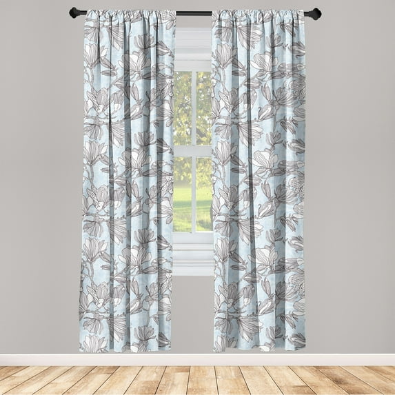 Pastel Floral Window Curtains, Branches of Magnolia Outline Style Delicate Spring Tree Petals, Lightweight Decor 2-Panel Set with Rod Pocket, Pair of - 28"x95", Soft Blue and Dark Purple, by Ambesonne
