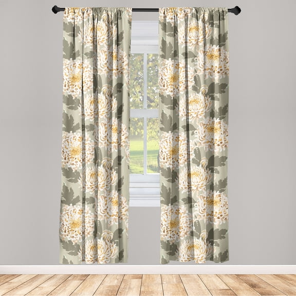 Pastel Floral Window Curtains, Chrysanthemum Illustration with Leaves Greenery Watercolor Art, Lightweight Decor 2-Panel Set with Rod Pocket, Pair of - 28"x84", Mustard Pistachio Green, by Ambesonne