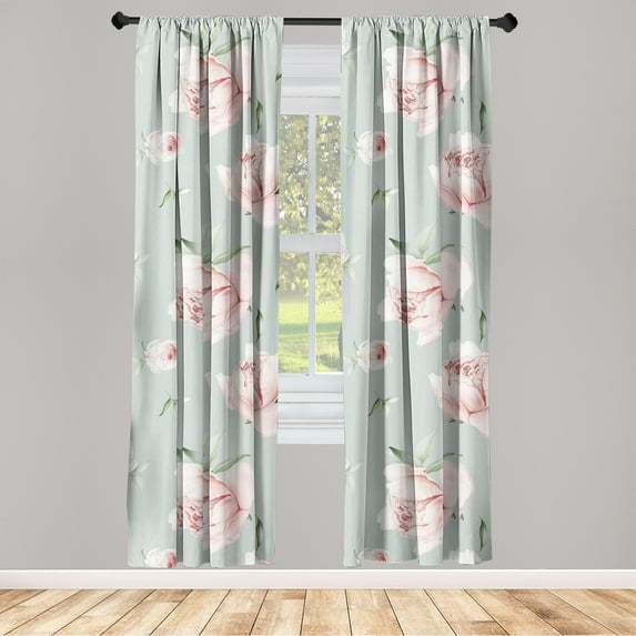 Pastel Floral Window Curtains, Peony Blooms with Leaves in Soft Colors Vintage Romantic Flowers, Lightweight Decor 2-Panel Set with Rod Pocket, Pair of - 28"x95", Pale Sage Green Rose, by Ambesonne