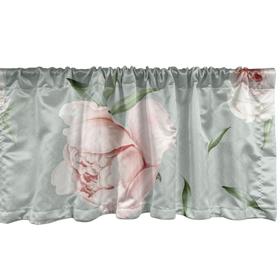 Pastel Floral Window Valance, Peony Blooms with Leaves in Soft Colors Vintage Romantic Flowers, Curtain Valance for Kitchen Bedroom with Rod Pocket, 54" X 18", Pale Sage Green Rose, by Ambesonne