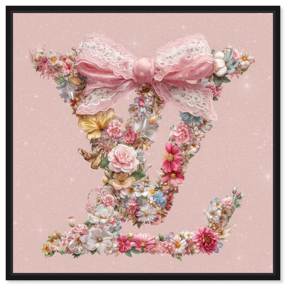 Pastel Floral and Lace Bow Glam Canvas Print Pink Glam Wall Art by Art Remedy, Black Frame, 24 x 24