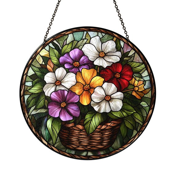 Pastel Flower Basket Ceramic Suncatcher – Stained Glass Style Window Decor