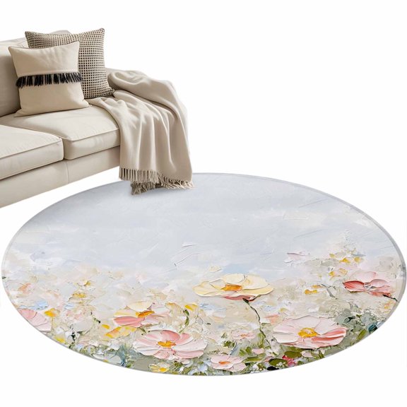 Pastel Flower Blooms Round Rug 3ft Washable Circle Entryway Rugs Non Slip Abstract Art Oil Painting Floral Area Rug Indoor Floor Carpet for Bedroom Kitchen Living Room Home Office Dining Room Nursery