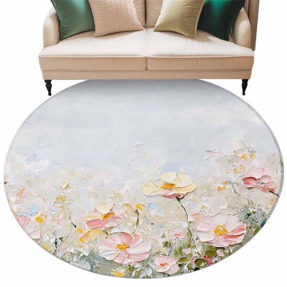 Pastel Flower Blooms Round Rug 6ft Washable Circle Kitchen Rugs Non Slip Abstract Art Oil Painting Floral Large Area Rug Indoor Floor Carpet for Bedroom Living Room Home Office Dining Room Nursery