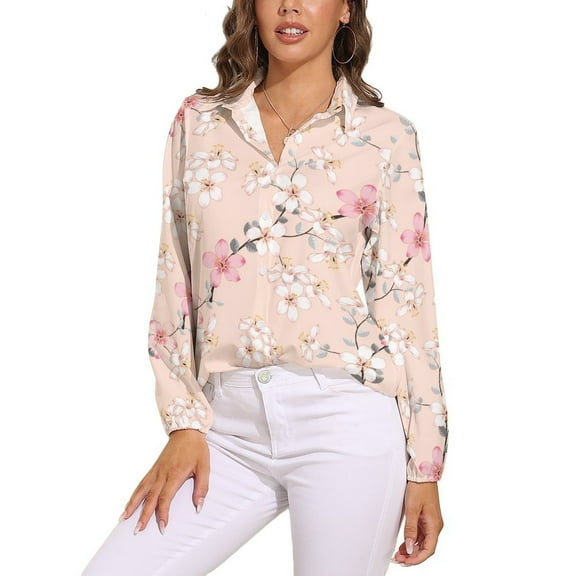 Pink Wild Flowers on Isolated Pastel Long Sleeve Blouse Woman Streetwear Casual Shirts Summer Oversize Woman Streetwear Clothing Birthday Present