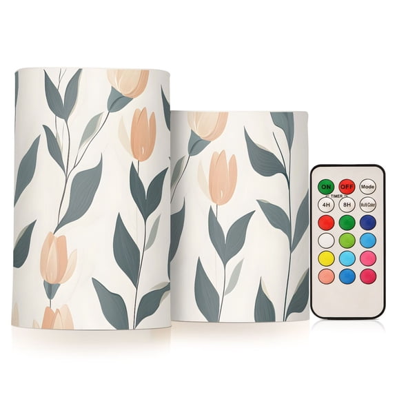Pastel Flower Stems Flameless LED Candle Set with Remote, Battery Operated Color Changing Pillar Candles, Set of 2