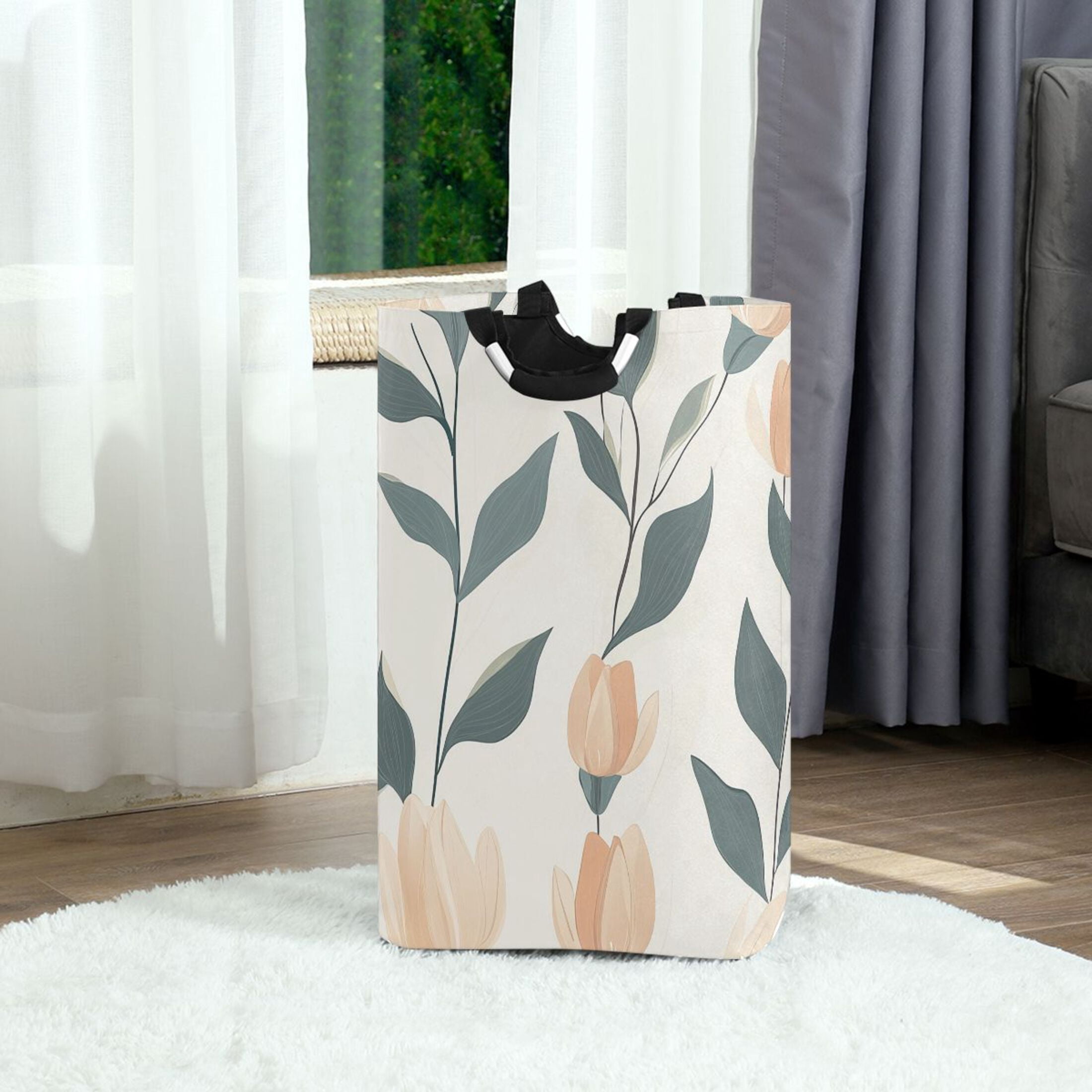 Pastel Flower Stems Foldable Laundry Hamper 12.6x11x22.7in with Handles for Bathroom Bedroom Storage