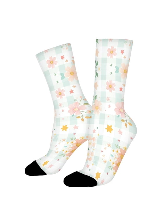 Pastel Flowers Checkered Funny Novelty Crew Socks for Women Men Sports